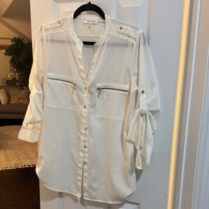 Calvin Klein Women's Cream Blouse with Zipper Pockets